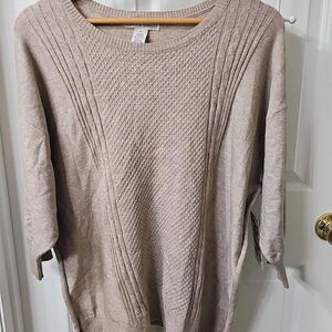Poppy & Whimsy Textured Knit 3/4 Sleeve Pullover Sweater in Beige 2XL